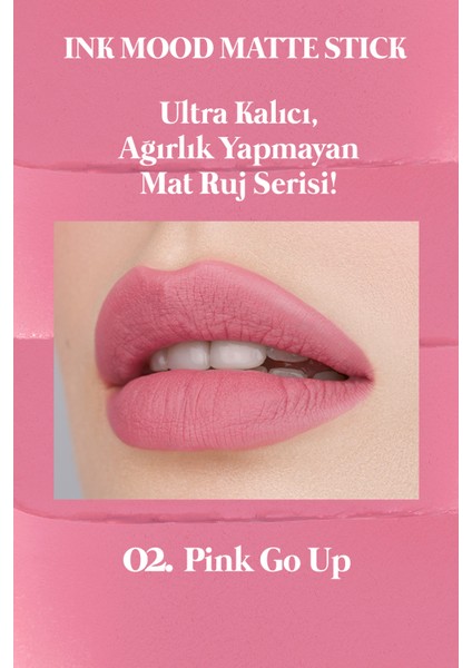 Mat Bitişli ve Uzun Süre Kalıcı Stick Ruj PERIPERA Ink Mood Matte Stick (02 Pink Go Up)