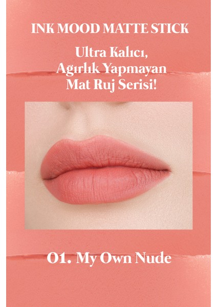 Mat Bitişli ve Uzun Süre Kalıcı Stick Ruj PERIPERA Ink Mood Matte Stick (01 My Own Nude)