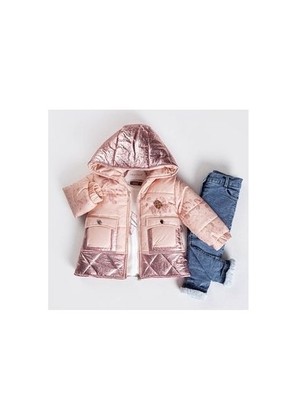 Kız Bebek Çocuk Pembe Montlu 3 Lü Takım Içi Polarlı Kot Pantolon Body Mont Kış