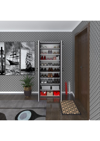 Kenzlife Ayakkabılık Ayakkabı Dolabı Kilitli Be Real Gri 180*70*32 Kapaklı Arkalıklı Ofis Dolabı Iki Bölme
