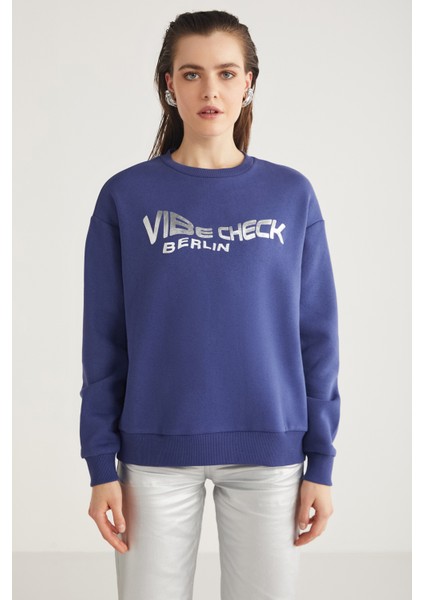 Clover Kadın Bisiklet Yaka Varak Baskı Detaylı Lacivert Sweatshirt