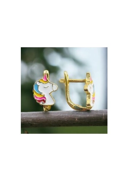 925 Ayar Gümüş Altın Kaplama Unicorn Mineli Çocuk Küpesi