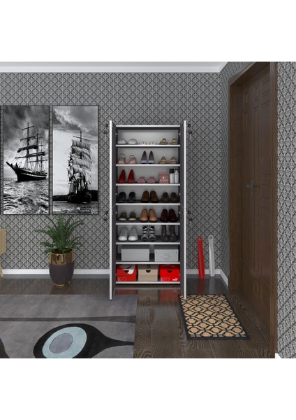 Kenzlife Ayakkabılık Ayakkabı Dolabı Kilitli Be Real Gri 160*70*32 Kapaklı Arkalıklı Ofis Dolabı Iki Bölme
