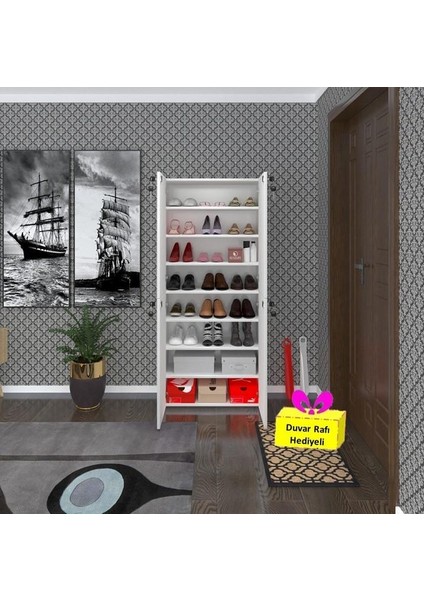 Kenzlife Ayakkabılık Ayakkabı Dolabı Kilitli Be Real Byz 160*70*32 Kapaklı Arkalıklı Ofis Dolabı Iki Bölme + Tekli Duvar Rafı Hediyeli