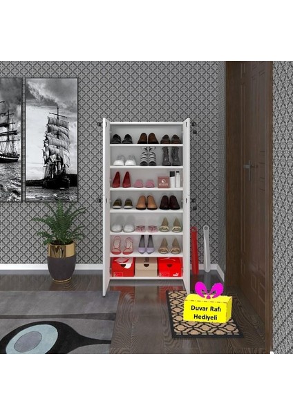 Kenzlife Ayakkabılık Ayakkabı Dolabı Kilitli Be Real Byz 140*70*32 Kapaklı Arkalıklı Ofis Dolabı Iki Bölme + Tekli Duvar Rafı Hediyeli