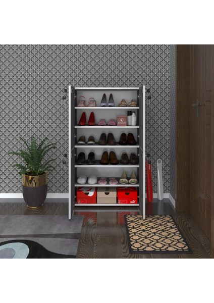 Kenzlife Ayakkabılık Ayakkabı Dolabı Kilitli Be Real Gri 120*70*32 Kapaklı Arkalıklı Ofis Dolabı Iki Bölme