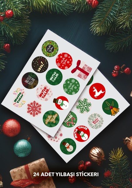 Yılbaşı Temalı, Hediye Paketi, Mutlu Yıllar Yılbaşı Hediye Paketi Sticker 24 Adet