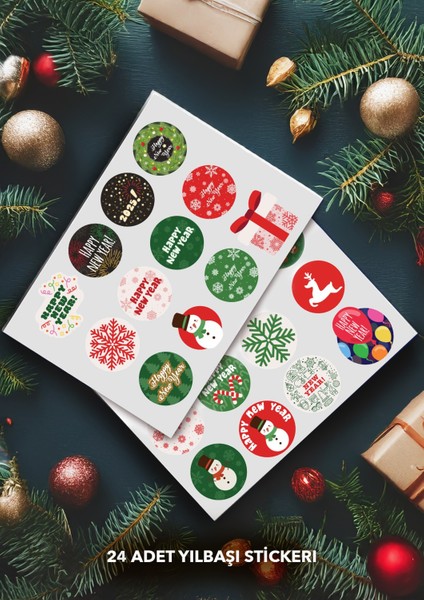 Christmas Temalı, Hediye Paketi, Happy New Year Yılbaşı Hediye Paketi Sticker 24 Adet