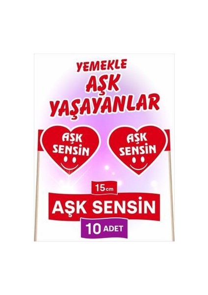 10 Cm, 10 Adet - Aşk Sensin Kalp Model Bayrak Kürdan