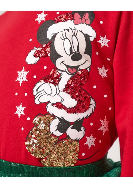 Kız Çocuk Minnie Mouse Noel Konseptli Yılbaşı Temalı Pamuklu Sweatshirt Etek Alt-Üst Takım