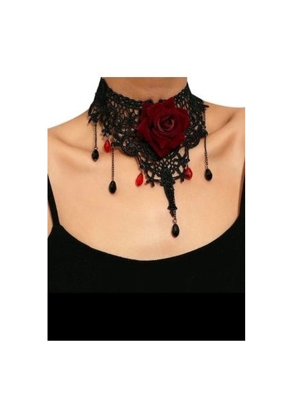Güz Gotik Chokers Siyah Boncuklu Çiçekler Dantel Boyun Kolye[09]