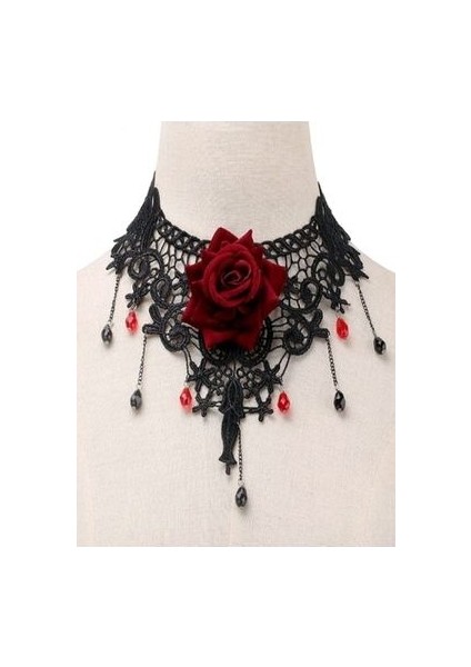 Güz Gotik Chokers Siyah Boncuklu Çiçekler Dantel Boyun Kolye[09]