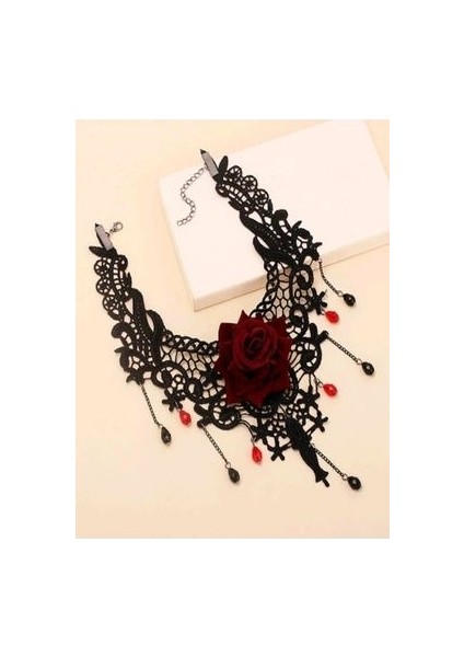 Güz Gotik Chokers Siyah Boncuklu Çiçekler Dantel Boyun Kolye[09]