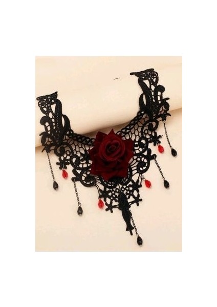 Güz Gotik Chokers Siyah Boncuklu Çiçekler Dantel Boyun Kolye[09]