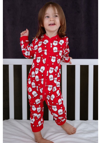 %100 Pamuk Yılbaşı Temalı Noel Baba Desenli Kırmızı Tulum