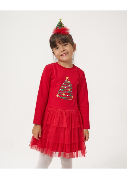 Kız Çocuk Kırmızı Baskılı Katlı Tüllü Taçlı Yeni Yıl Yılbaşı Noel Elbise