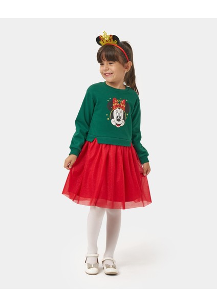Kız Çocuk Minnie Mouse Baskılı Katlı Tüllü Taçlı Yeni Yıl Yılbaşı Noel Elbise