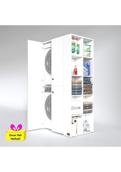 Kenzlife çamaşır-kurutma makinesi dolabı kapaklı fedyenka byz 180*090*60 banyo arkalıksız + tekli duvar rafı hediyeli