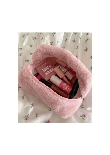 Pembe Peluş Makyaj Çantası Şık Görünüm Seyahat ve Kozmetik Çantası fiyatları