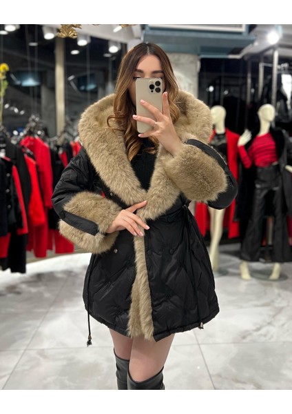 Monte Ithal Kürk Detay Kapüşonlu Mont Siyah fiyatları