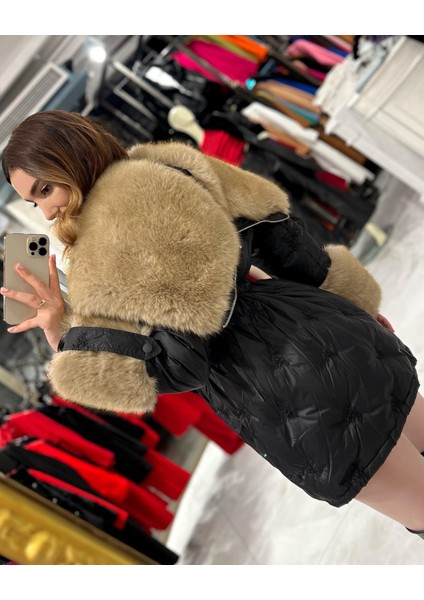 Monte Ithal Kürk Detay Kapüşonlu Mont Siyah modelleri