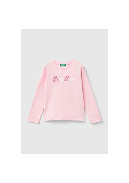 Kız Çocuk Açık Pembe Önü Su Bazlı Logo Baskılı Normal Kesim Uzun Kollu T-Shirt
