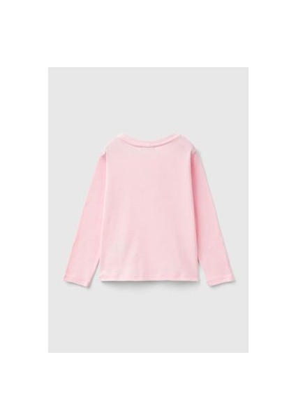 Kız Çocuk Açık Pembe Önü Su Bazlı Logo Baskılı Normal Kesim Uzun Kollu T-Shirt