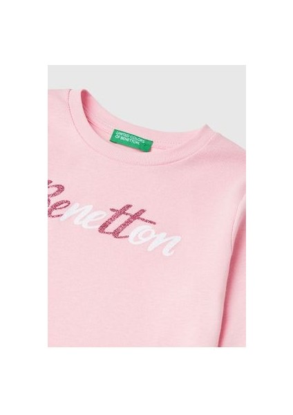Kız Çocuk Açık Pembe Önü Su Bazlı Logo Baskılı Normal Kesim Uzun Kollu T-Shirt
