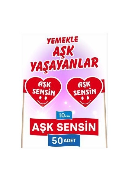 10 Cm, 50 Adet - Aşk Sensin Kalp Model Bayrak Kürdan