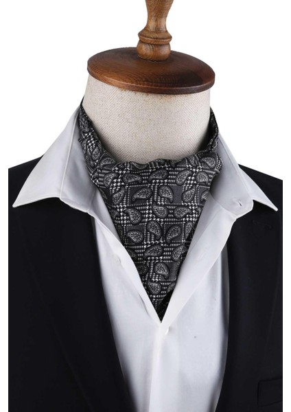 Siyah - Beyaz Şal Desen Italyan Ipek Erkek Ascot K621