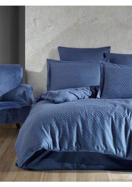 Jakarlı & Saten Çift Kişilik Geometrik Desen Nevresim Takımı - Pamuk - Metis Indigo