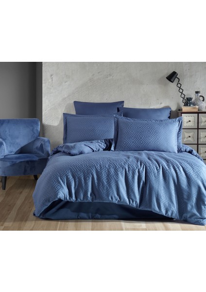 Jakarlı & Saten Çift Kişilik Geometrik Desen Nevresim Takımı - Pamuk - Metis Indigo