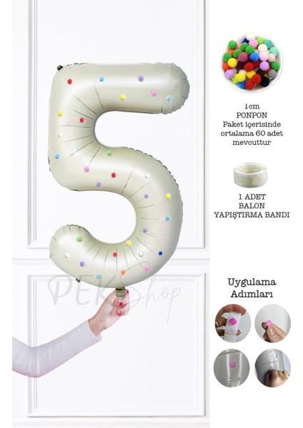 Rengarenk Ponpon Süslemeli Retro Krem Yaş Balonu 80 cm
