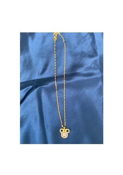 Mickey Mouse Tasarımlı Pembe Taşlı Altın Renkli Kolye