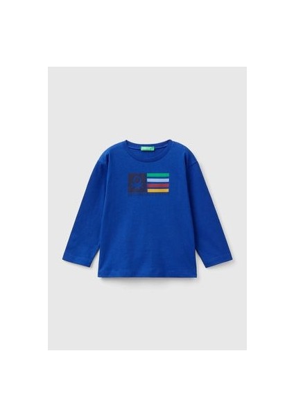 Erkek Çocuk Saks Mavi Çok Renkli Logo Baskılı Bisiklet Yaka Uzun Kollu T-Shirt