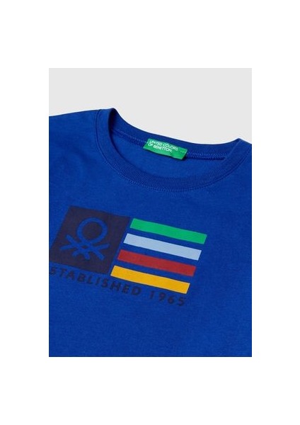 Erkek Çocuk Saks Mavi Çok Renkli Logo Baskılı Bisiklet Yaka Uzun Kollu T-Shirt