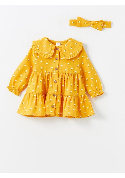 Lcw Baby Bebe Yaka Uzun Kollu Çiçekli Kız Bebek Elbise ve Saç Bandı 2'li Takım
