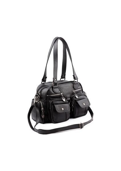 Kadın Orta Boy Siyah Yumuşak Yıkanmış Deri Bol Gözlü Kol ve Omuz Çantası