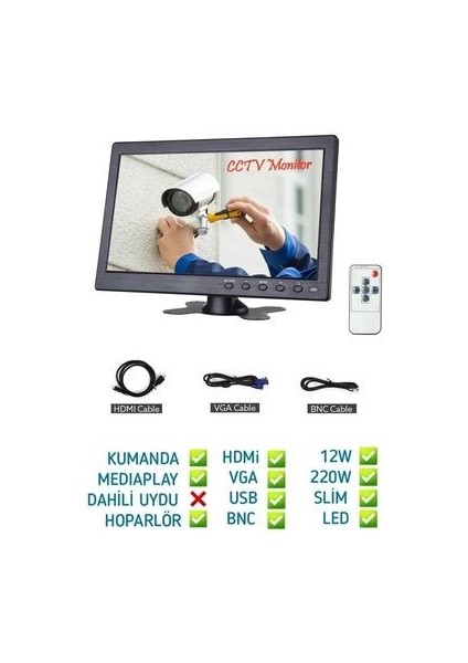 10 Inç Araç ve Televizyon LCD Bilgisayar Monitör Hdmı VGA Girişli Ekran