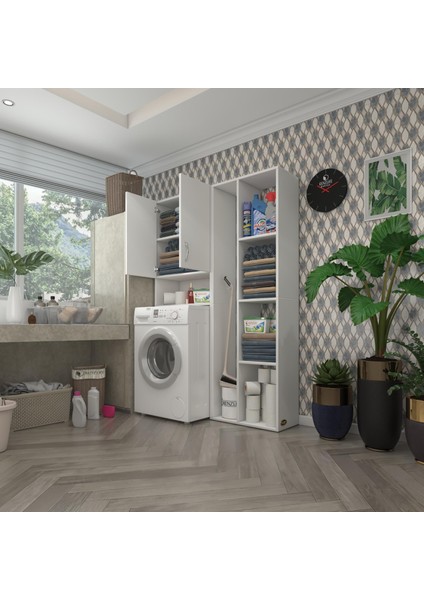 Kenzlife çamaşır makinesi dolabı sinemsüpürge byz 180*126*30 banyo kapaklı arkalıklı raflı