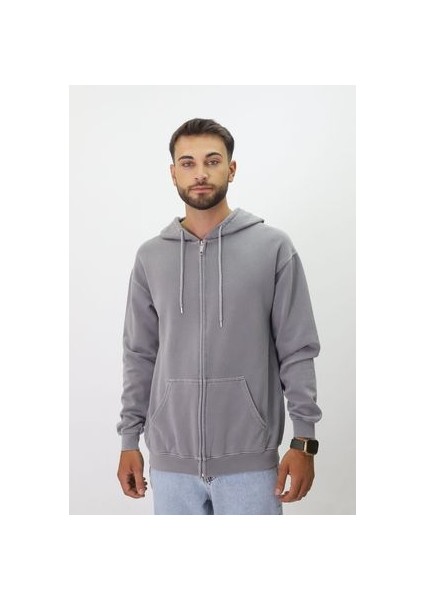 Eskitme Desenli Unisex Fermuarlı Kapüşonlu Sweatshirt