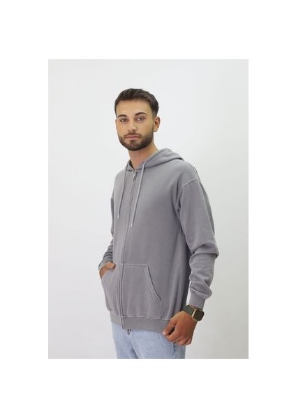 Eskitme Desenli Unisex Fermuarlı Kapüşonlu Sweatshirt fırsatları
