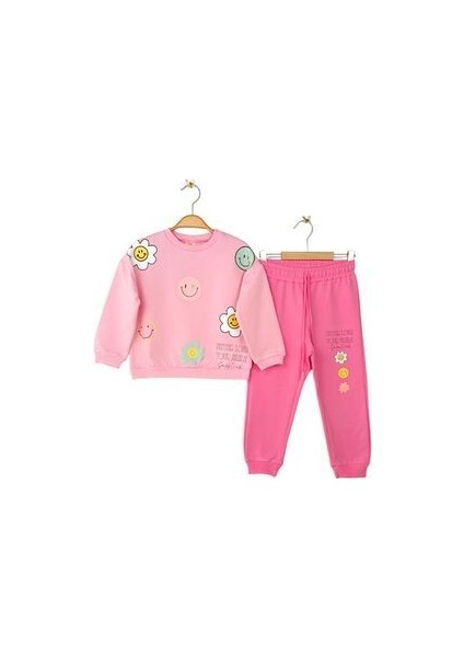 Kız Çocuk Emoji Desenli Uzun Kol Bisiklet Yaka Pembe Alt Üst Takım| 3-8 Yaş Çocuk Giyim