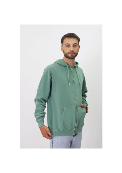 Eskitme Desenli Unisex Fermuarlı Kapüşonlu Sweatshirt