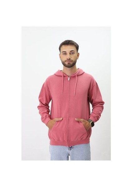 Eskitme Desenli Unisex Fermuarlı Kapüşonlu Sweatshirt