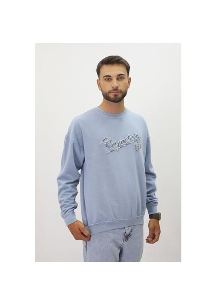 Eskitme Desenli Unisex Sıfır Yaka Sweatshirt