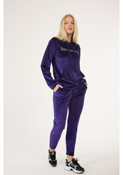 Kadın Kadife Kumaş Kapüşonlu Sweat Takım