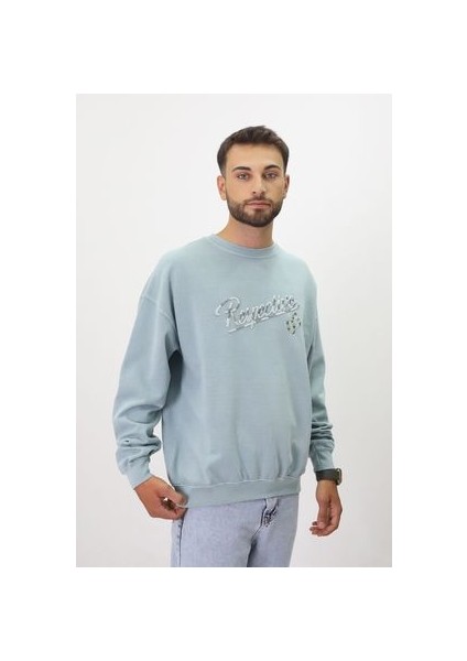 Eskitme Desenli Unisex Sıfır Yaka Sweatshirt