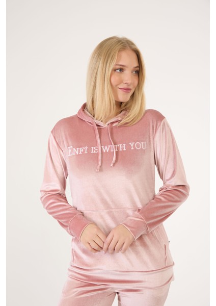 Kadın Kadife Kumaş Kapüşonlu Sweat Takım