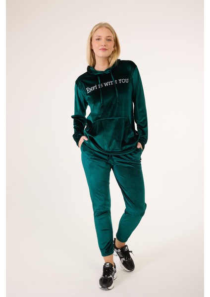 Kadın Kadife Kumaş Kapüşonlu Sweat Takım